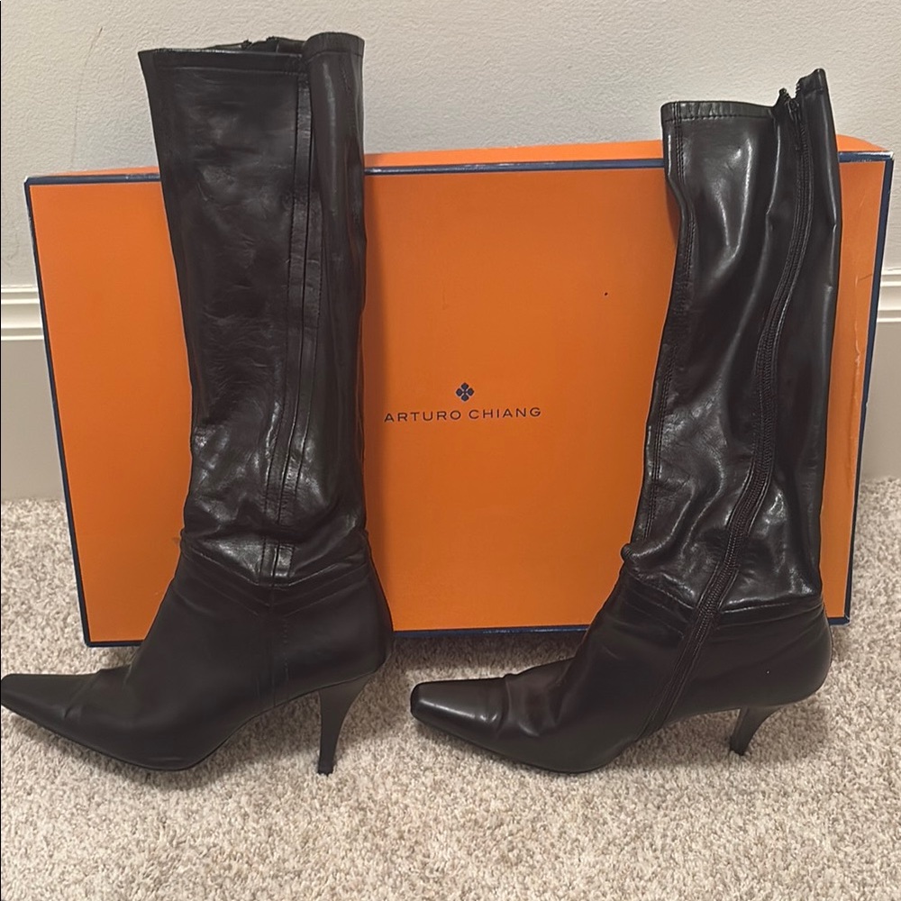 Arturo Chiang Black Heeled Boots with Pointed Toe and Stiletto Heel